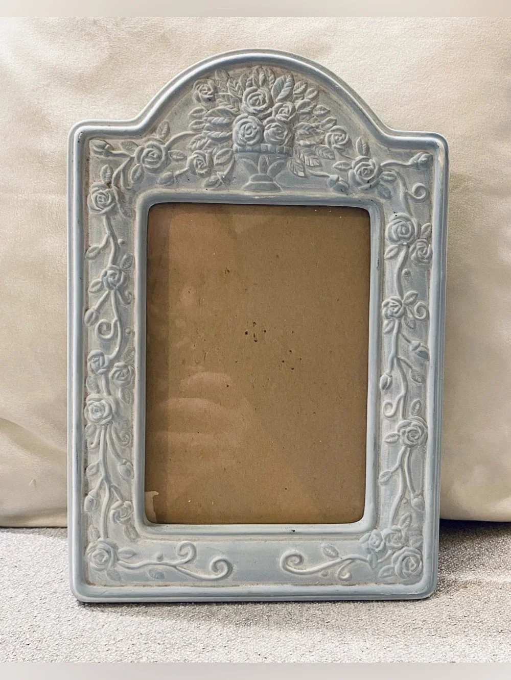 VTG 90s Pale Blue Terracotta Picture Frame Raised Roses Flower Bouquet